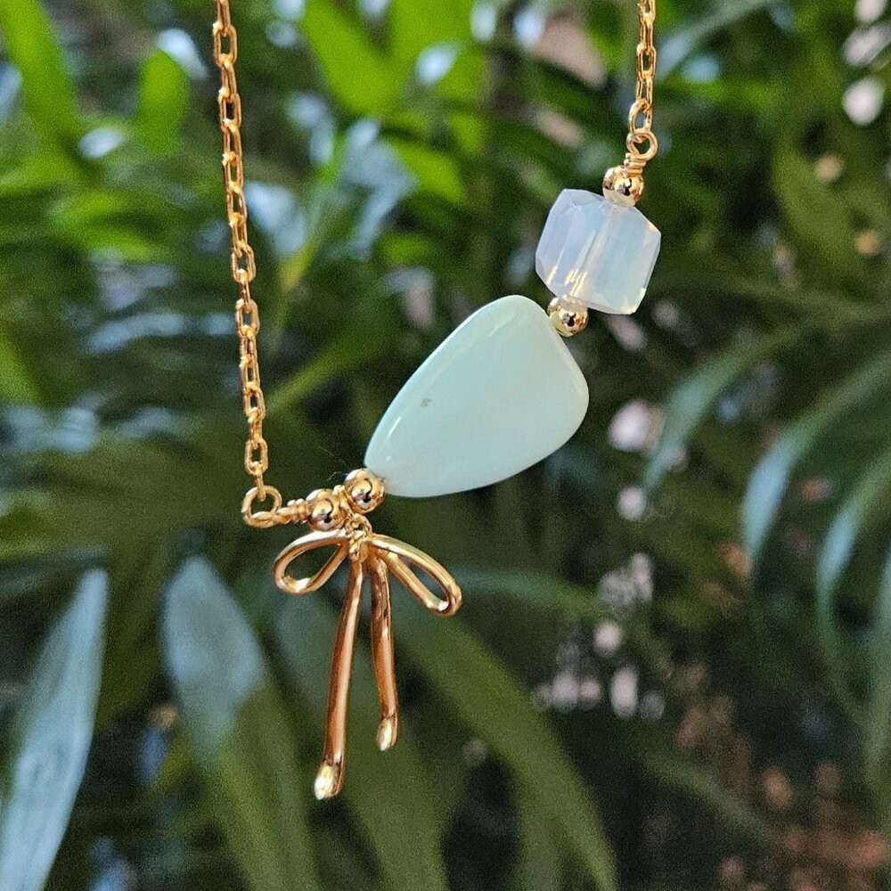 SALE!! Peruvian Opal and AB Square Crystal & Bow Necklace